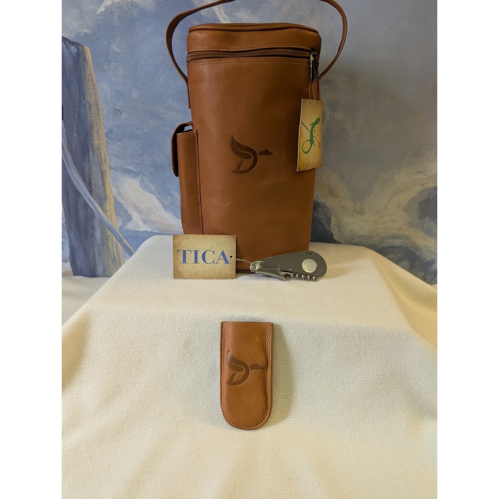 TICA Honey Leather With Duck Embossed Double Wine Travel Golf Bottle Bag